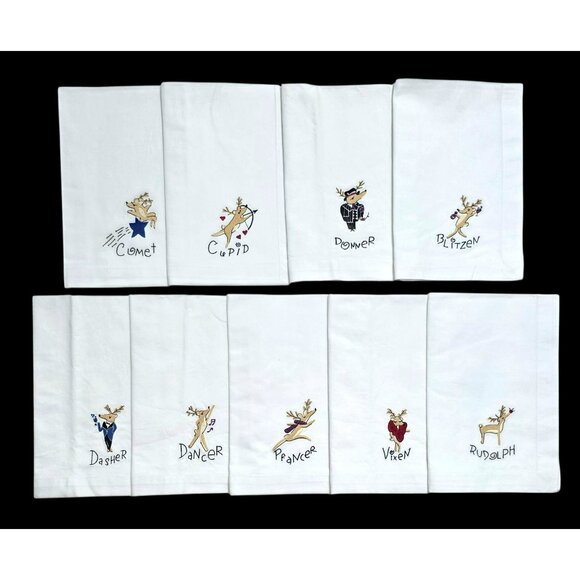 VTG 9 Pottery Barn Reindeer Dinner Napkins Braided Basket Christmas Holiday - Picture 3 of 16
